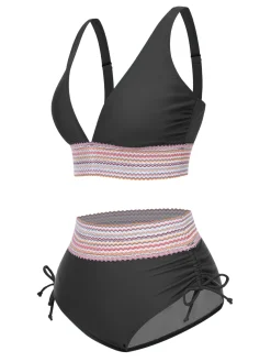 Online Retro Stage 1970s V-Neck Patchwork High-Waist Bikini