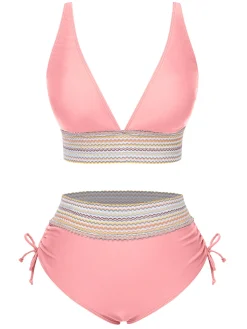 Online Retro Stage 1970s V-Neck Patchwork High-Waist Bikini