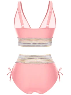 Online Retro Stage 1970s V-Neck Patchwork High-Waist Bikini