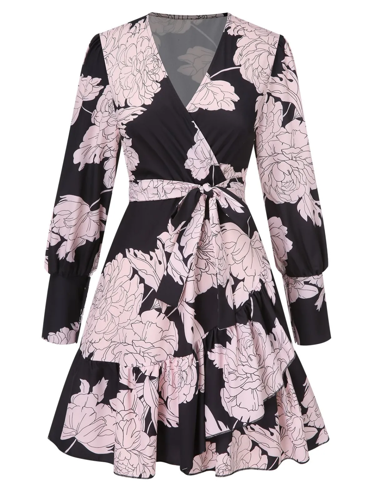 Hot Retro Stage 1940s V-Neck Peony Floral Belted Dress Black