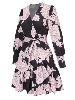 Hot Retro Stage 1940s V-Neck Peony Floral Belted Dress Black