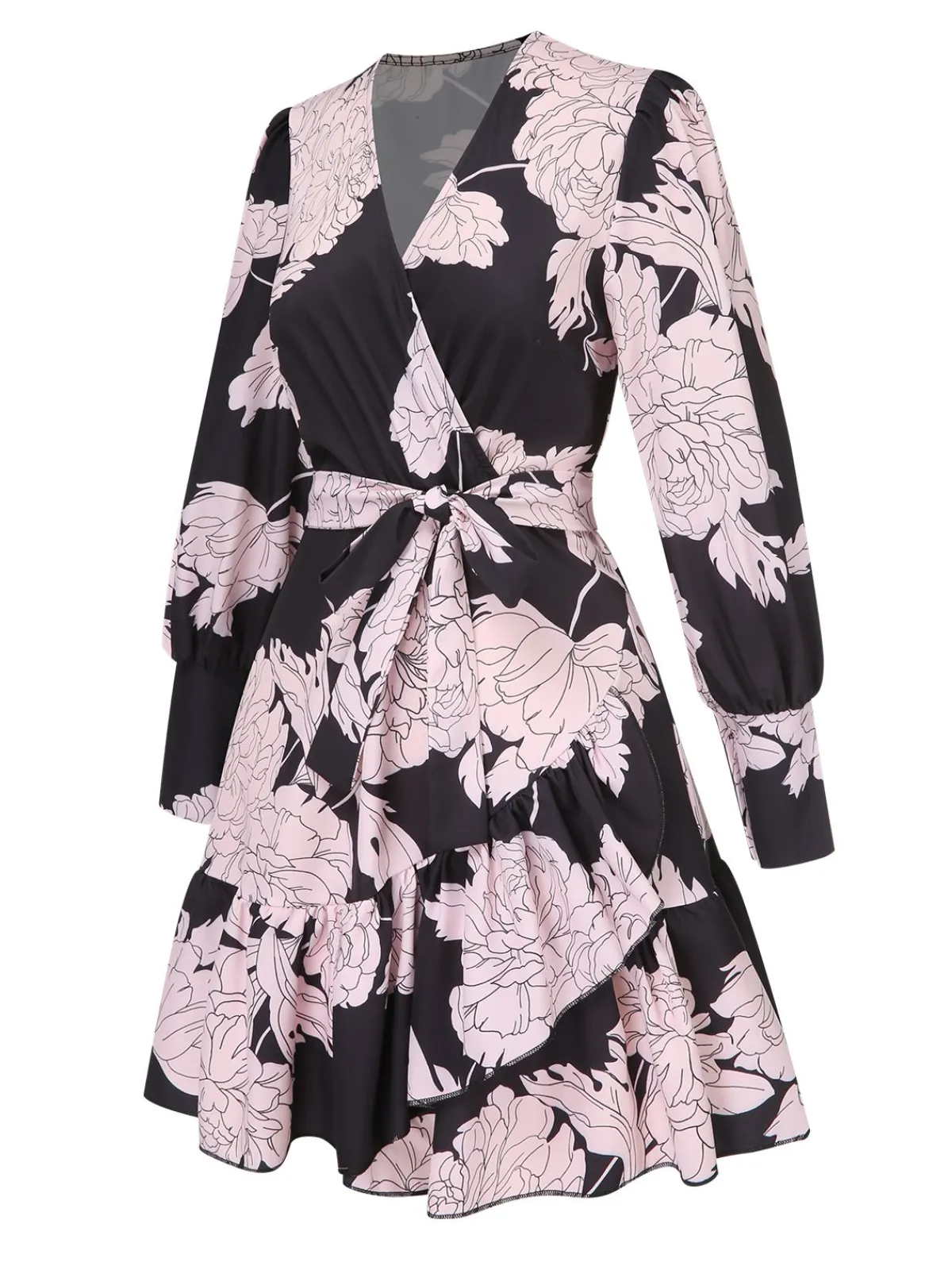 Hot Retro Stage 1940s V-Neck Peony Floral Belted Dress Black