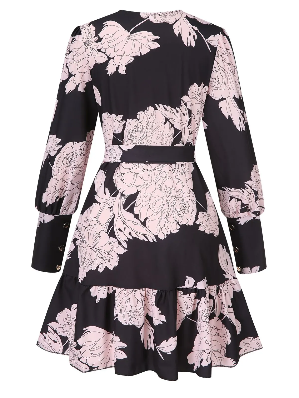 Hot Retro Stage 1940s V-Neck Peony Floral Belted Dress Black
