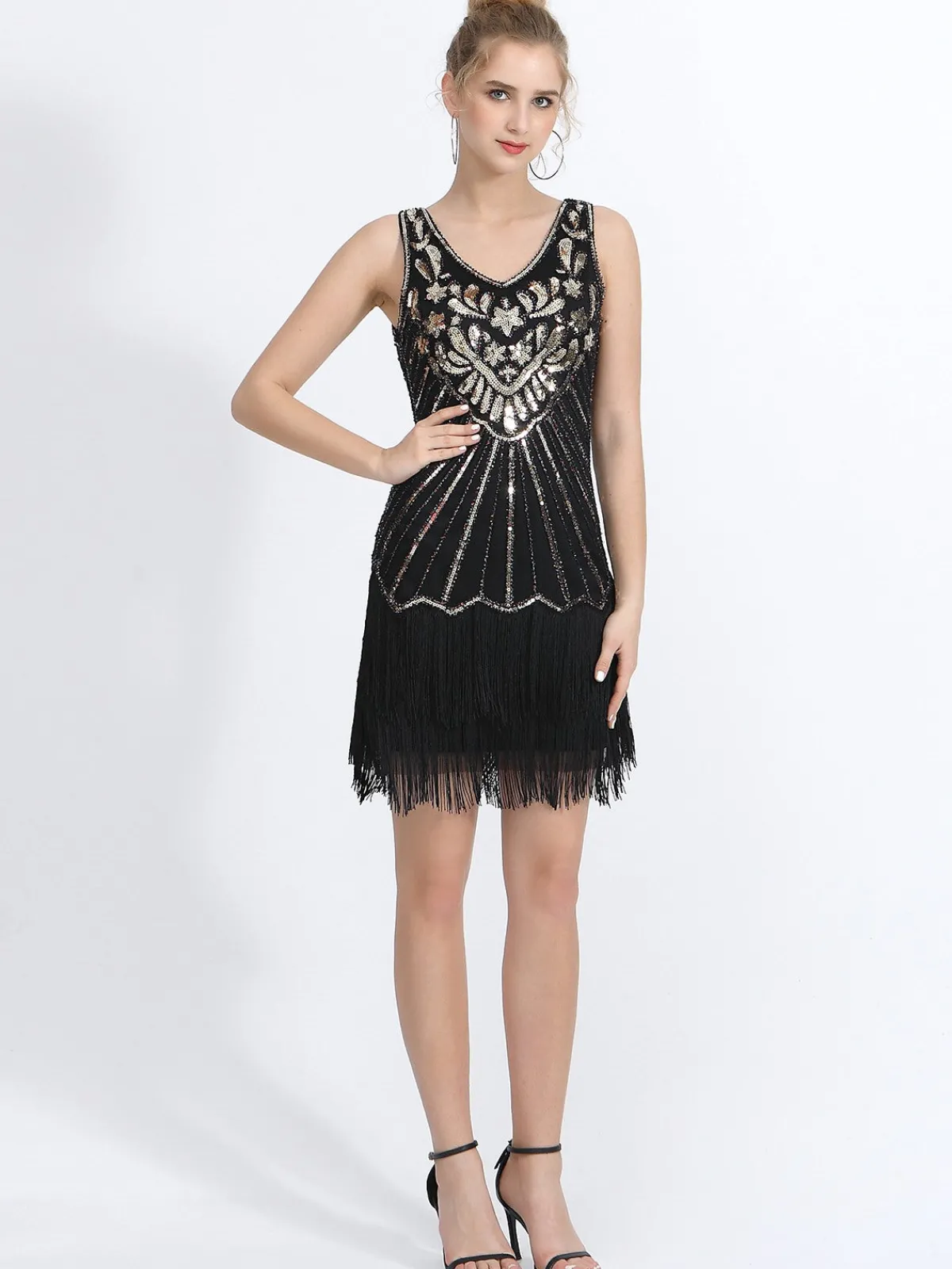 Online Retro Stage 1920s V-Neck Plants Tassel Sequined Dress