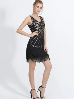 Online Retro Stage 1920s V-Neck Plants Tassel Sequined Dress