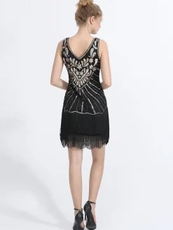 Online Retro Stage 1920s V-Neck Plants Tassel Sequined Dress