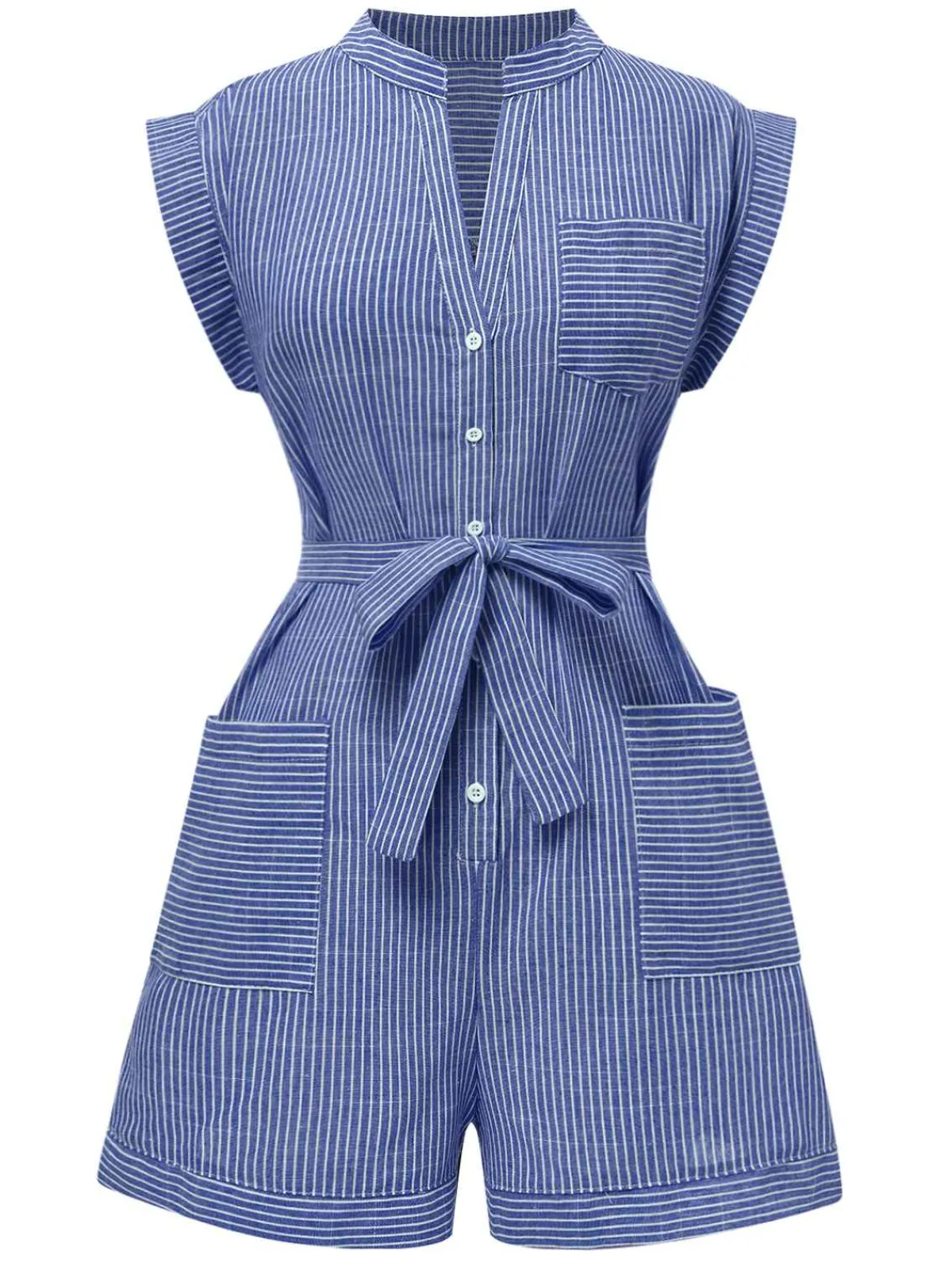 New Retro Stage 1940s V-Neck Pockets Belted Stripe Romper