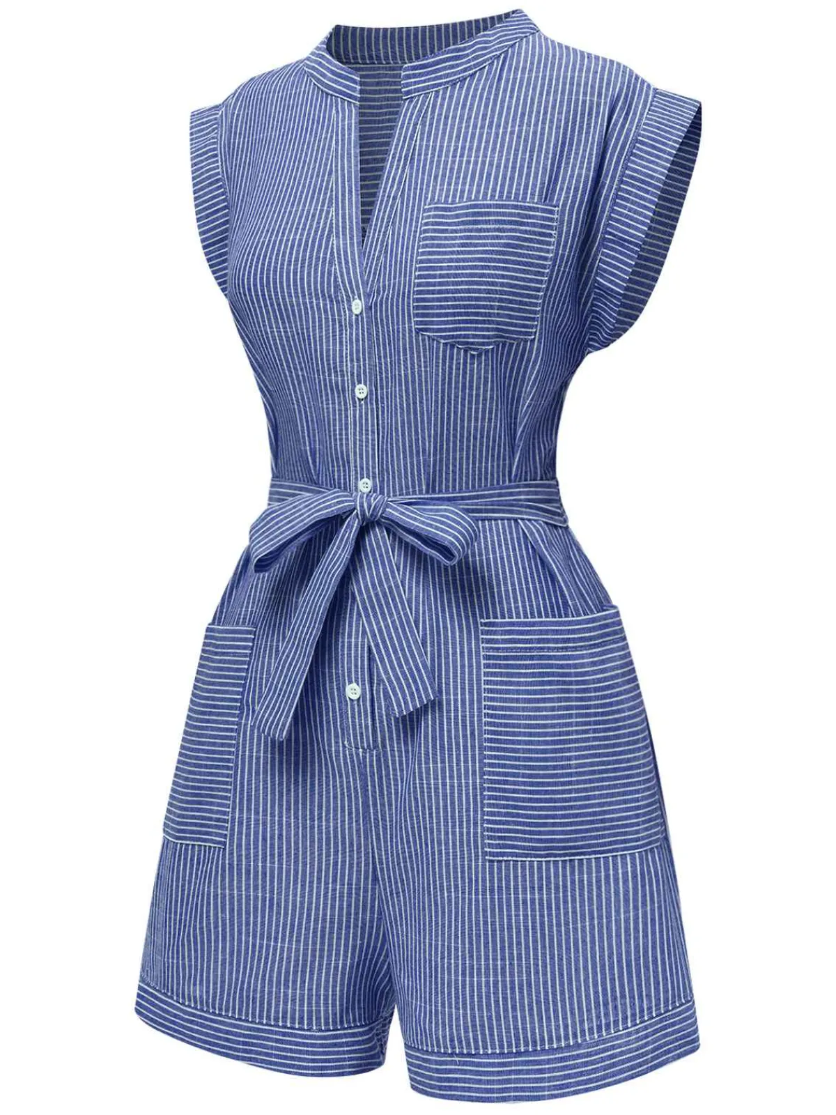 New Retro Stage 1940s V-Neck Pockets Belted Stripe Romper