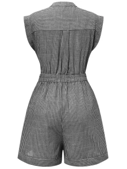 New Retro Stage 1940s V-Neck Pockets Belted Stripe Romper