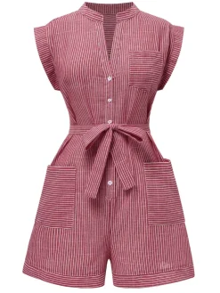 New Retro Stage 1940s V-Neck Pockets Belted Stripe Romper