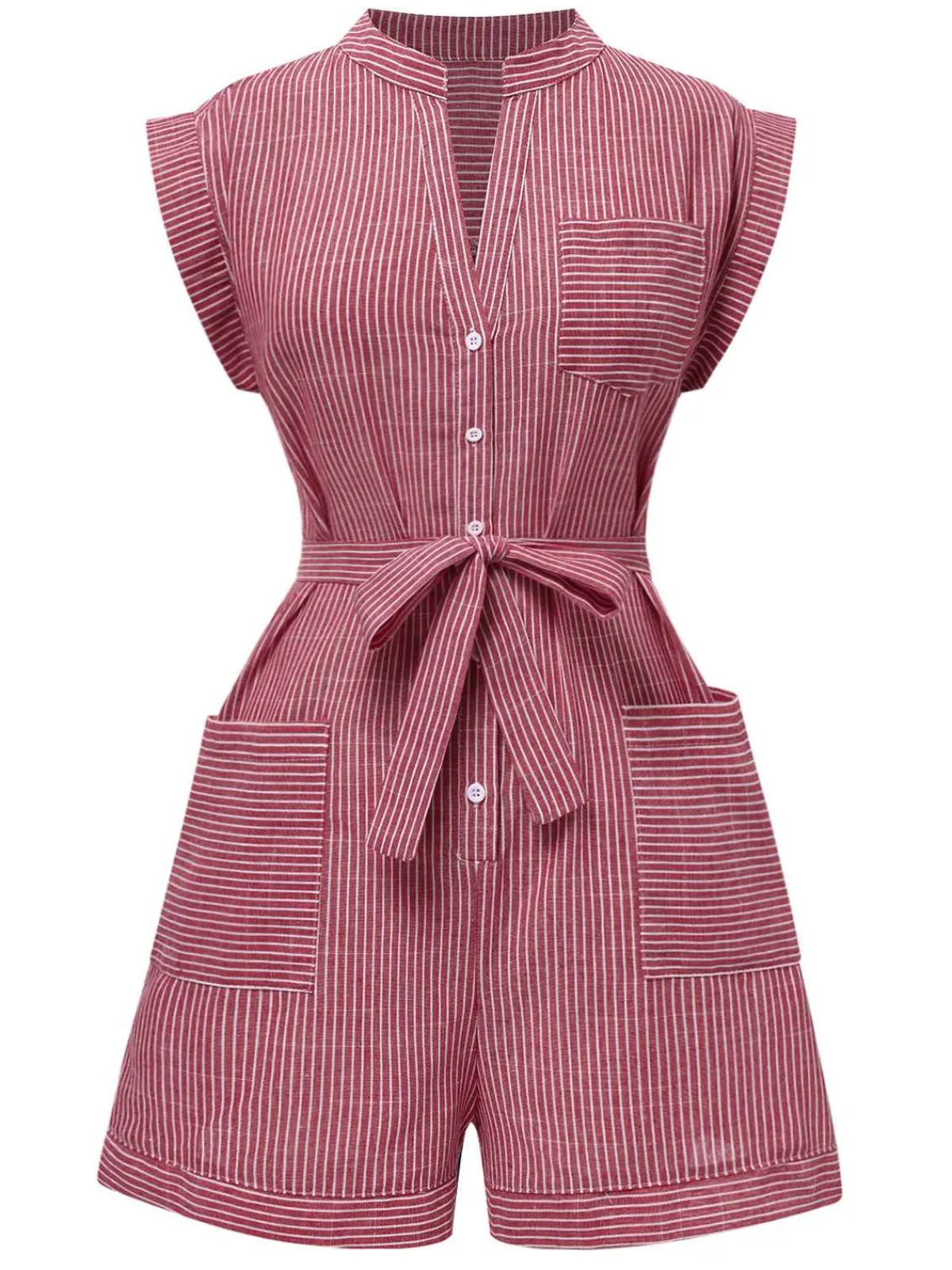 New Retro Stage 1940s V-Neck Pockets Belted Stripe Romper