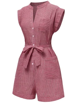 New Retro Stage 1940s V-Neck Pockets Belted Stripe Romper