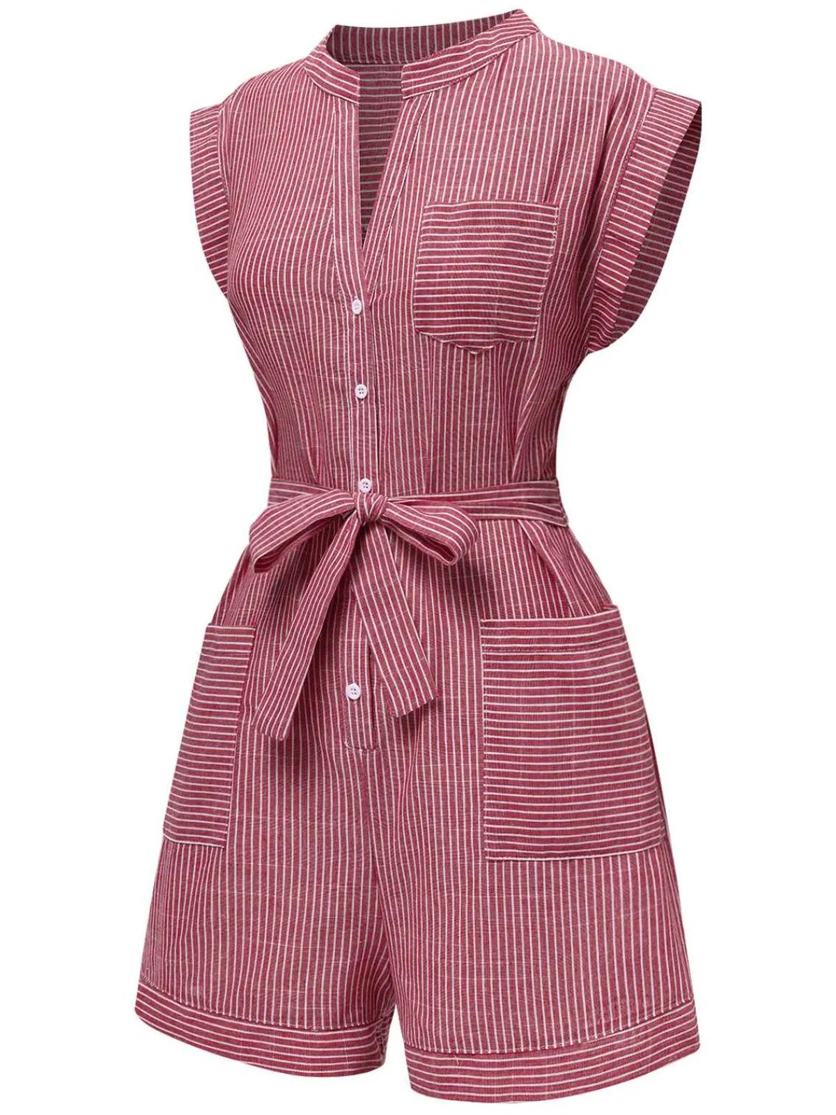 New Retro Stage 1940s V-Neck Pockets Belted Stripe Romper