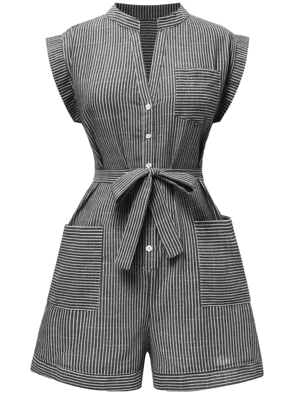 New Retro Stage 1940s V-Neck Pockets Belted Stripe Romper