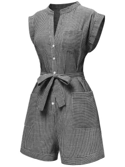 New Retro Stage 1940s V-Neck Pockets Belted Stripe Romper