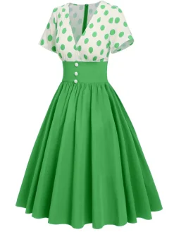 Sale Retro Stage 1950s V-Neck Polka Dots Swing Dress