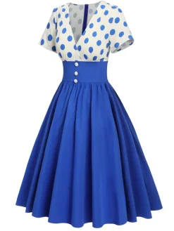 Sale Retro Stage 1950s V-Neck Polka Dots Swing Dress