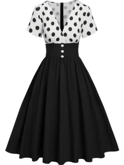 Sale Retro Stage 1950s V-Neck Polka Dots Swing Dress