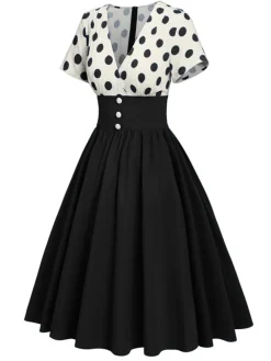 Sale Retro Stage 1950s V-Neck Polka Dots Swing Dress