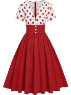 Sale Retro Stage 1950s V-Neck Polka Dots Swing Dress