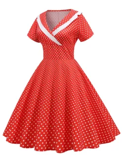 Outlet Retro Stage 1950s V-Neck Polka Dots Swing Dress