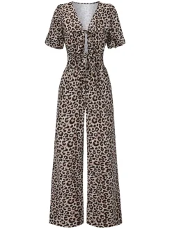 Outlet Retro Stage 1970s V-Neck Puff Sleeve Jumpsuit Leopard