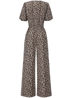 Outlet Retro Stage 1970s V-Neck Puff Sleeve Jumpsuit Leopard