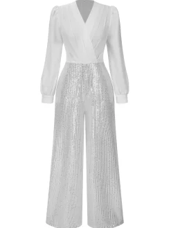 New Retro Stage 1930s V-Neck Puff Sleeve Sequins Wide-Leg Jumpsuit