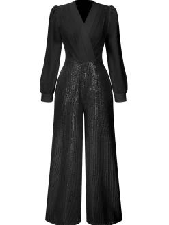 New Retro Stage 1930s V-Neck Puff Sleeve Sequins Wide-Leg Jumpsuit