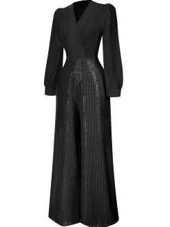 New Retro Stage 1930s V-Neck Puff Sleeve Sequins Wide-Leg Jumpsuit