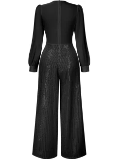 New Retro Stage 1930s V-Neck Puff Sleeve Sequins Wide-Leg Jumpsuit