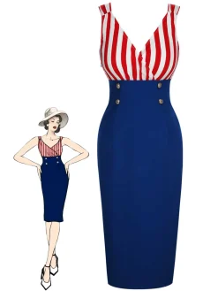 Online Retro Stage 1960s V-Neck Red Blue Contrast Stripes Dress Multicolor