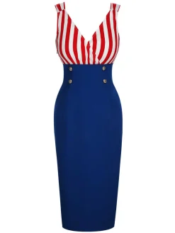 Online Retro Stage 1960s V-Neck Red Blue Contrast Stripes Dress Multicolor