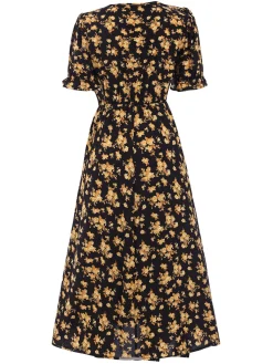 Discount Retro Stage 1940s V-Neck Ruffle Boho Floral Midi Dress