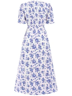 Discount Retro Stage 1940s V-Neck Ruffle Boho Floral Midi Dress