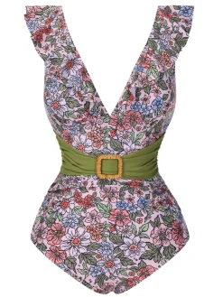 Sale Retro Stage 1950s V-Neck Ruffle Shoulder Belted Swimsuit