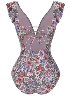 Sale Retro Stage 1950s V-Neck Ruffle Shoulder Belted Swimsuit