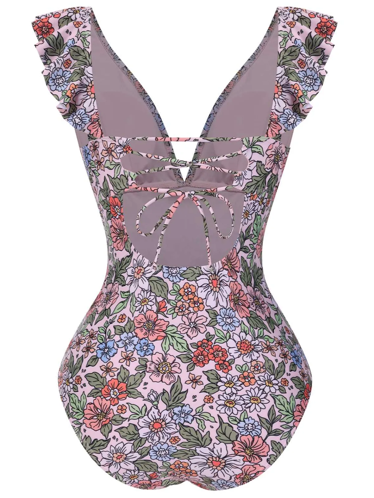 Sale Retro Stage 1950s V-Neck Ruffle Shoulder Belted Swimsuit