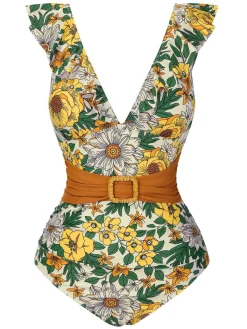 Sale Retro Stage 1950s V-Neck Ruffle Shoulder Belted Swimsuit