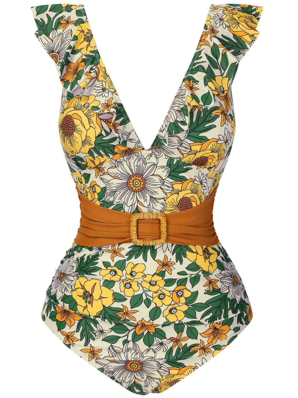 Sale Retro Stage 1950s V-Neck Ruffle Shoulder Belted Swimsuit