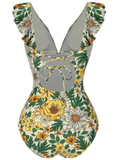Sale Retro Stage 1950s V-Neck Ruffle Shoulder Belted Swimsuit