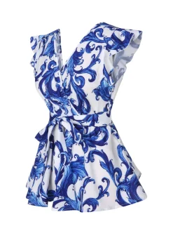 Fashion Retro Stage 1940s V-Neck Ruffles Floral Belted Blouse White & Blue