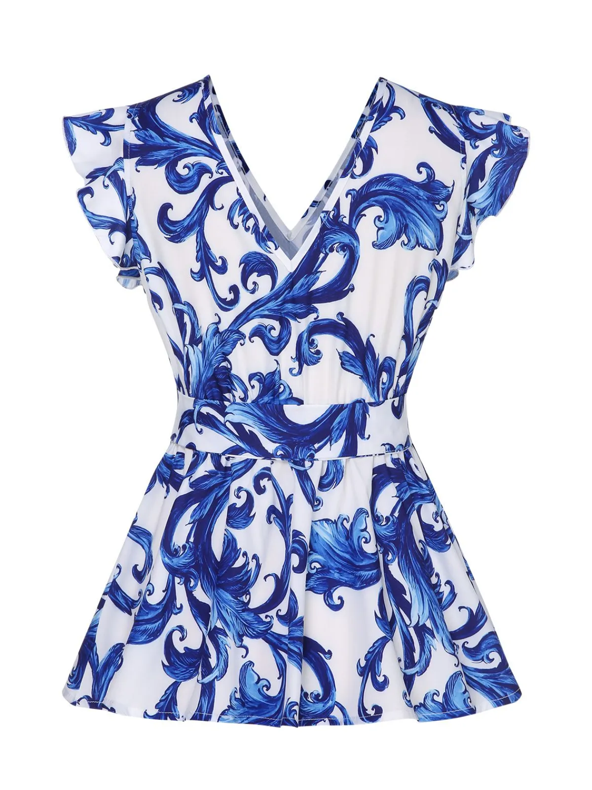 Fashion Retro Stage 1940s V-Neck Ruffles Floral Belted Blouse White & Blue