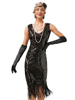 Clearance Retro Stage 1920s V-Neck Sequined Fringe Evening Dress