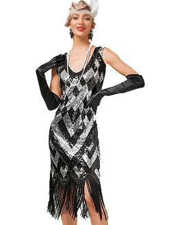 Clearance Retro Stage 1920s V-Neck Sequined Fringe Evening Dress