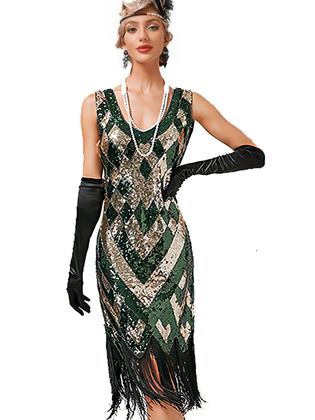 Clearance Retro Stage 1920s V-Neck Sequined Fringe Evening Dress