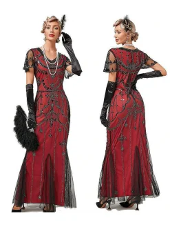 Online Retro Stage 1920s V-Neck Sequined Mesh Mermaid Formal Dress