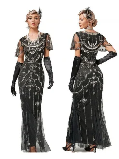 Online Retro Stage 1920s V-Neck Sequined Mesh Mermaid Formal Dress