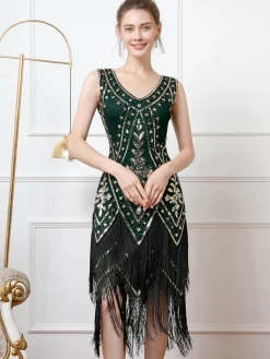 Outlet Retro Stage 1920s V-Neck Sequined Tassel Flapper Sleeveless Dress