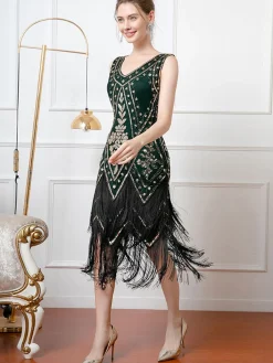 Outlet Retro Stage 1920s V-Neck Sequined Tassel Flapper Sleeveless Dress